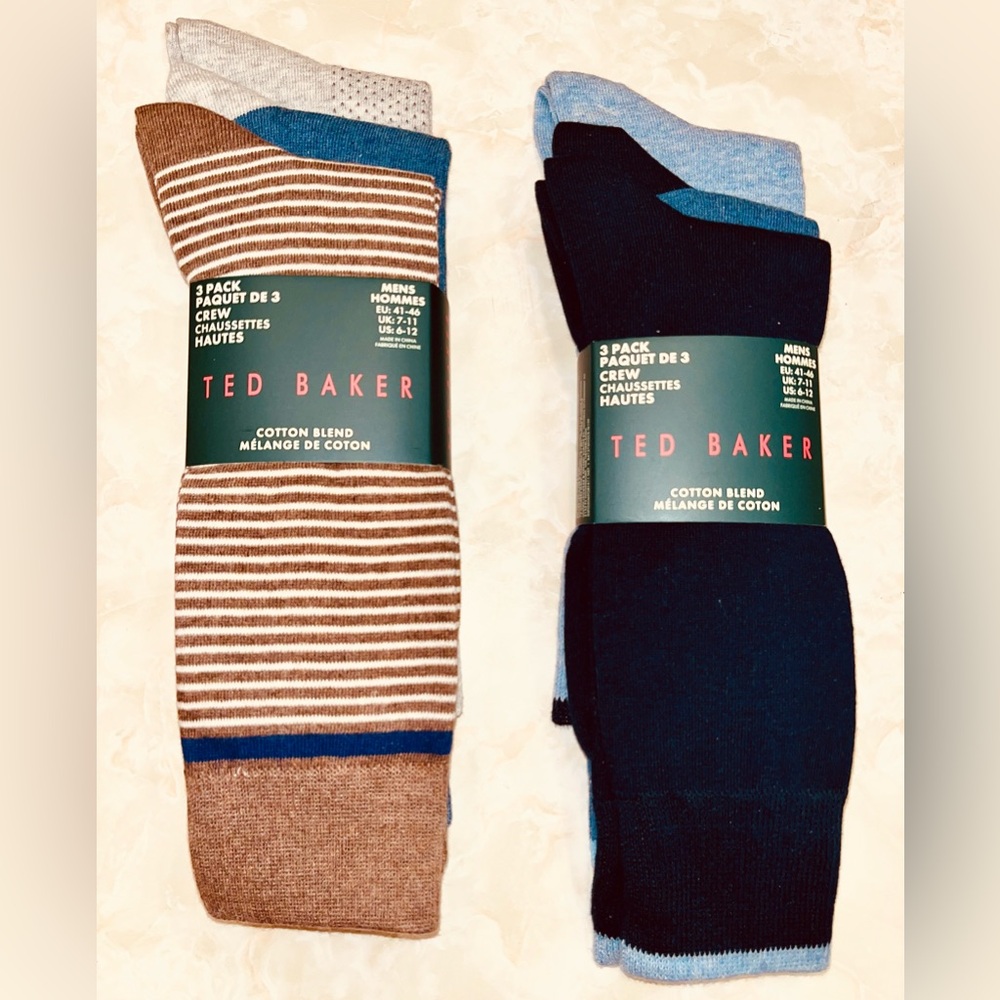 6 Pair-Ted Baker Men's Striped and Solid Socks - Brown, Blue, Black and Grey.